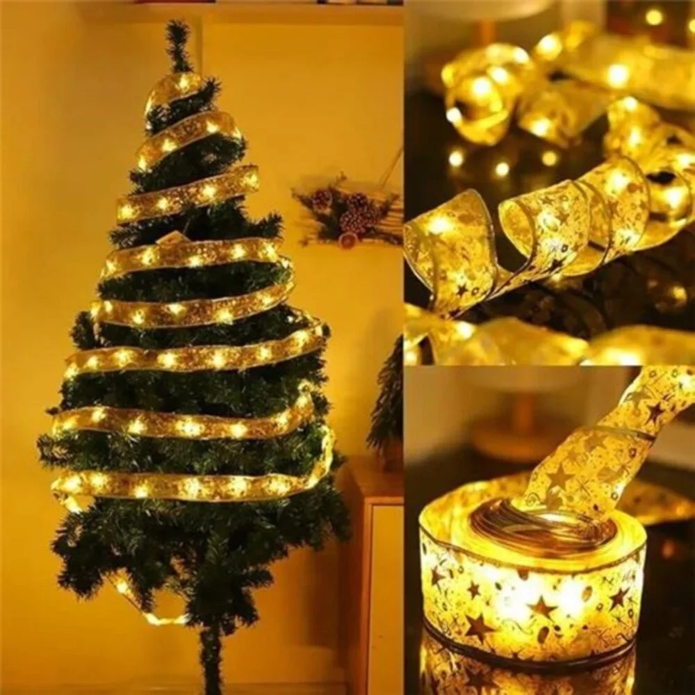 32ft 100 LED Christmas Tree String Lights with Gold Ribbon Bows -Battery Powered